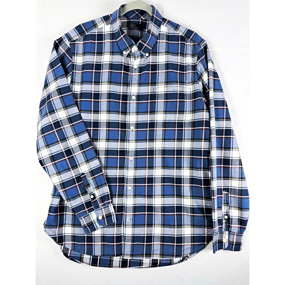 Gap Lived-In Shirt Mens XL Blue Plaid Long Sleeve Button Down Casual Preppy